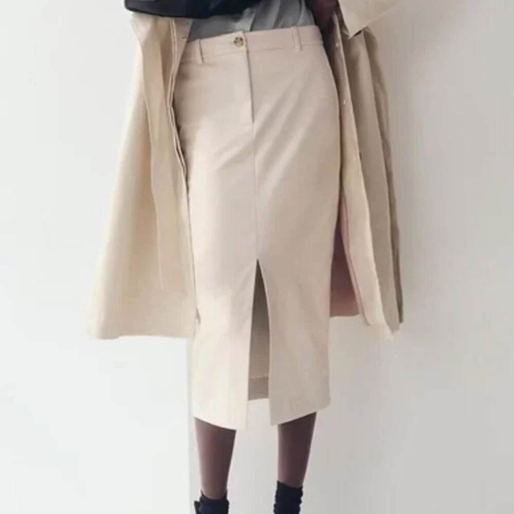 J. Crew Faux Leather Midi Skirt with Slit in Cream - Size 10